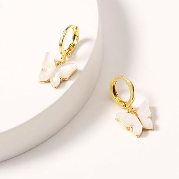 Neiman Marcus Butterfly Gold Dangle 14K Gold Plated Hoop Earrings with Clover - Picture 5 of 6